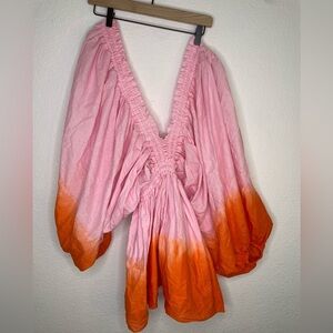 Martha Rey dress mini puffy sleeve sz medium deep “V” cut pink orange